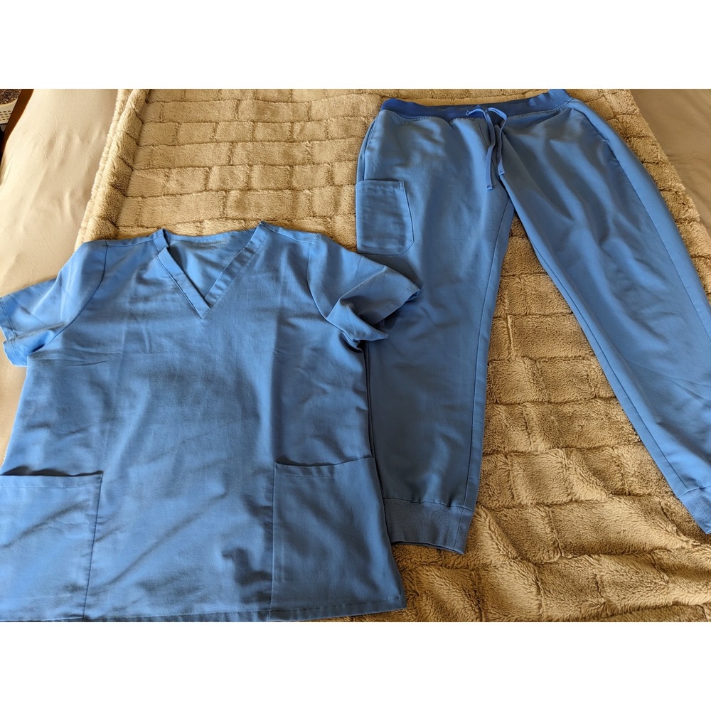 Mandala Blue Scrub Set Womens Large V-Neck Top and Jogger Pants 2 Piece Set